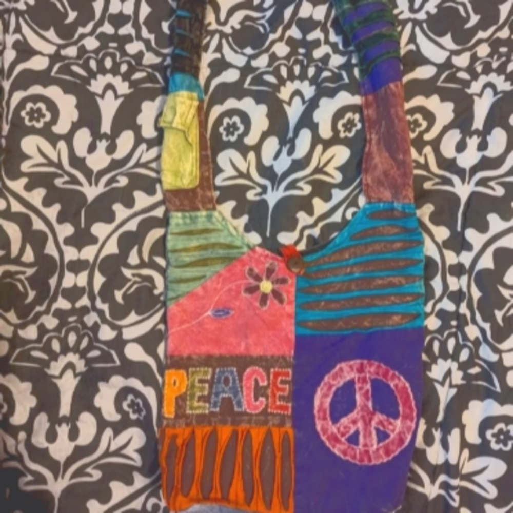 Boho Inspired Cotton Hippie Shoulder Bag Textured Tote Multicolor Peace Sign and